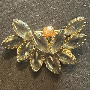 Vintage Brooch with Gray Blue Stones and Pearl